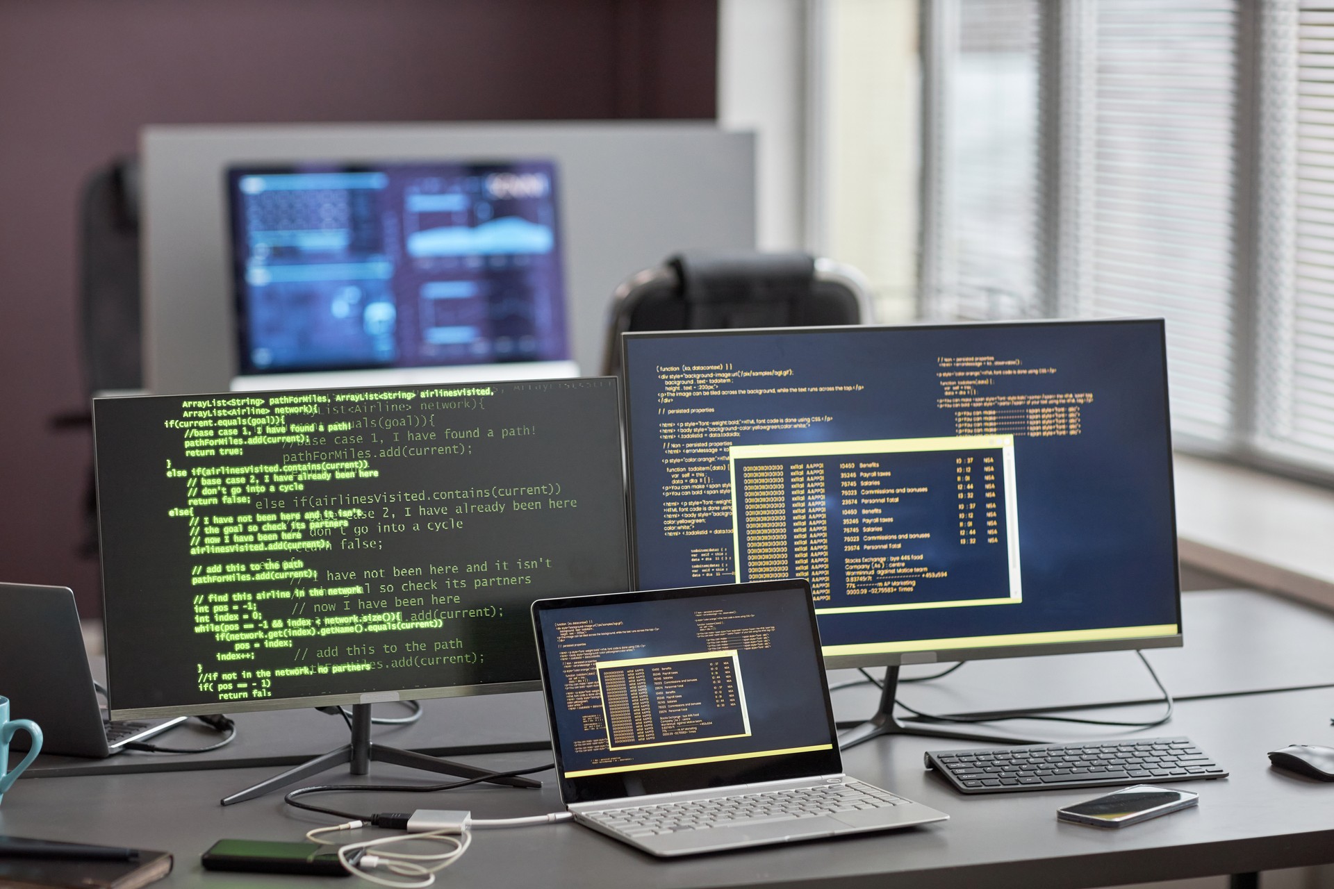 Background image of multiple computer screens with code lines at desk